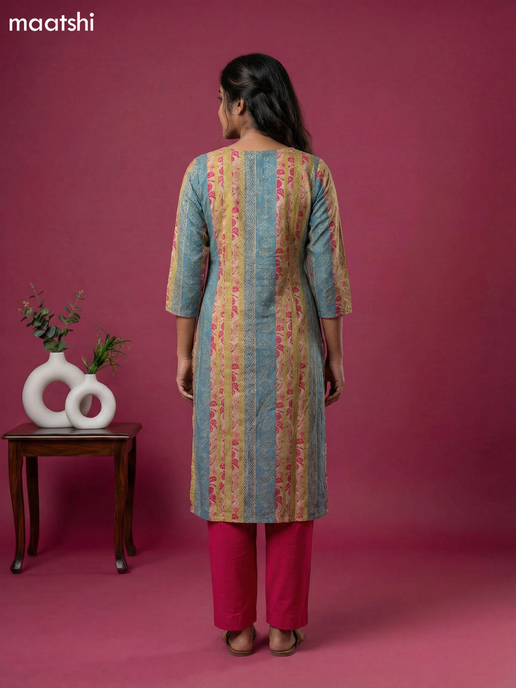 Beige and Blue Pink Cotton Printed Straight Suit