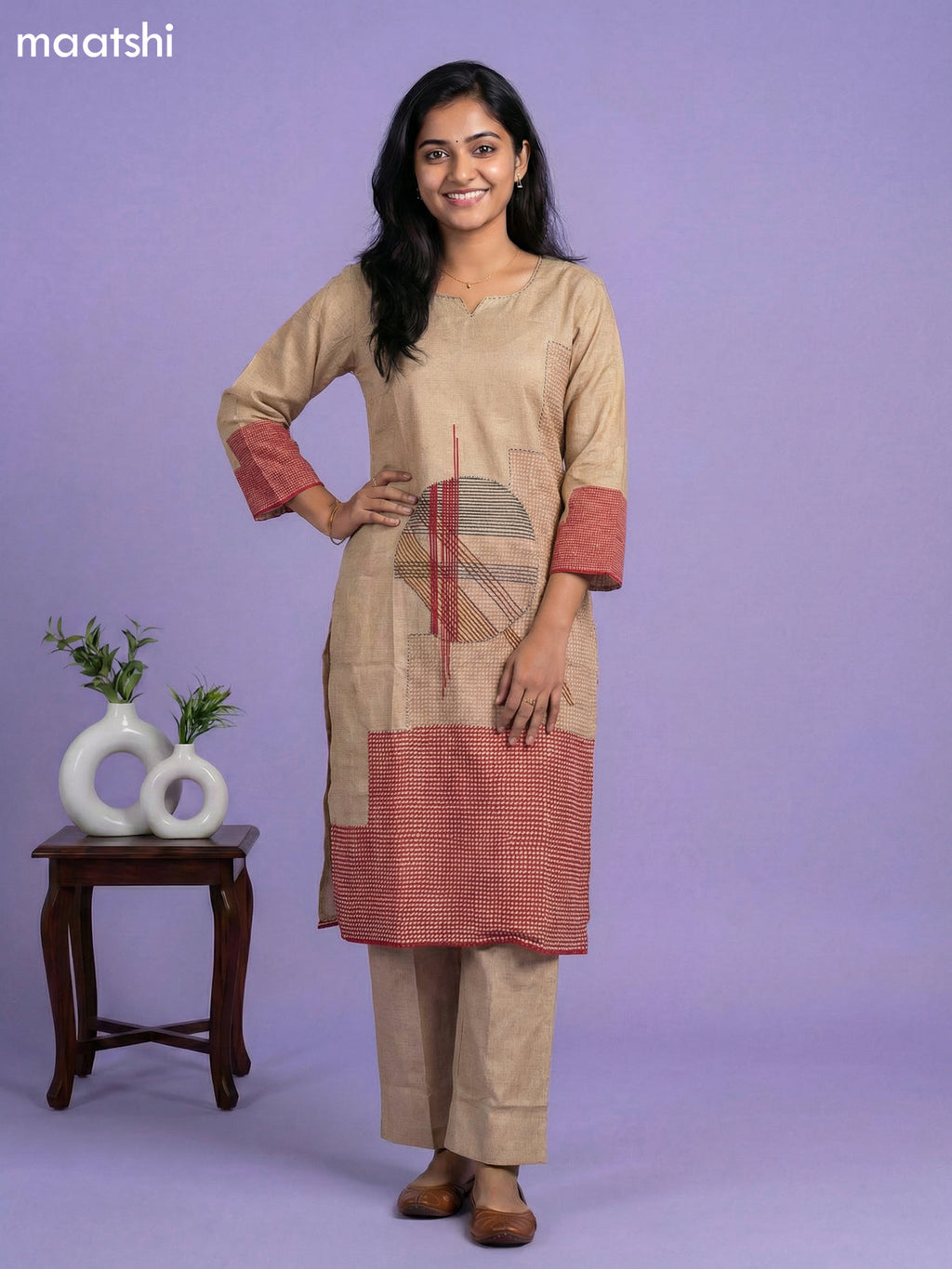 Beige Cotton Printed Embroidery Work Kurti Set