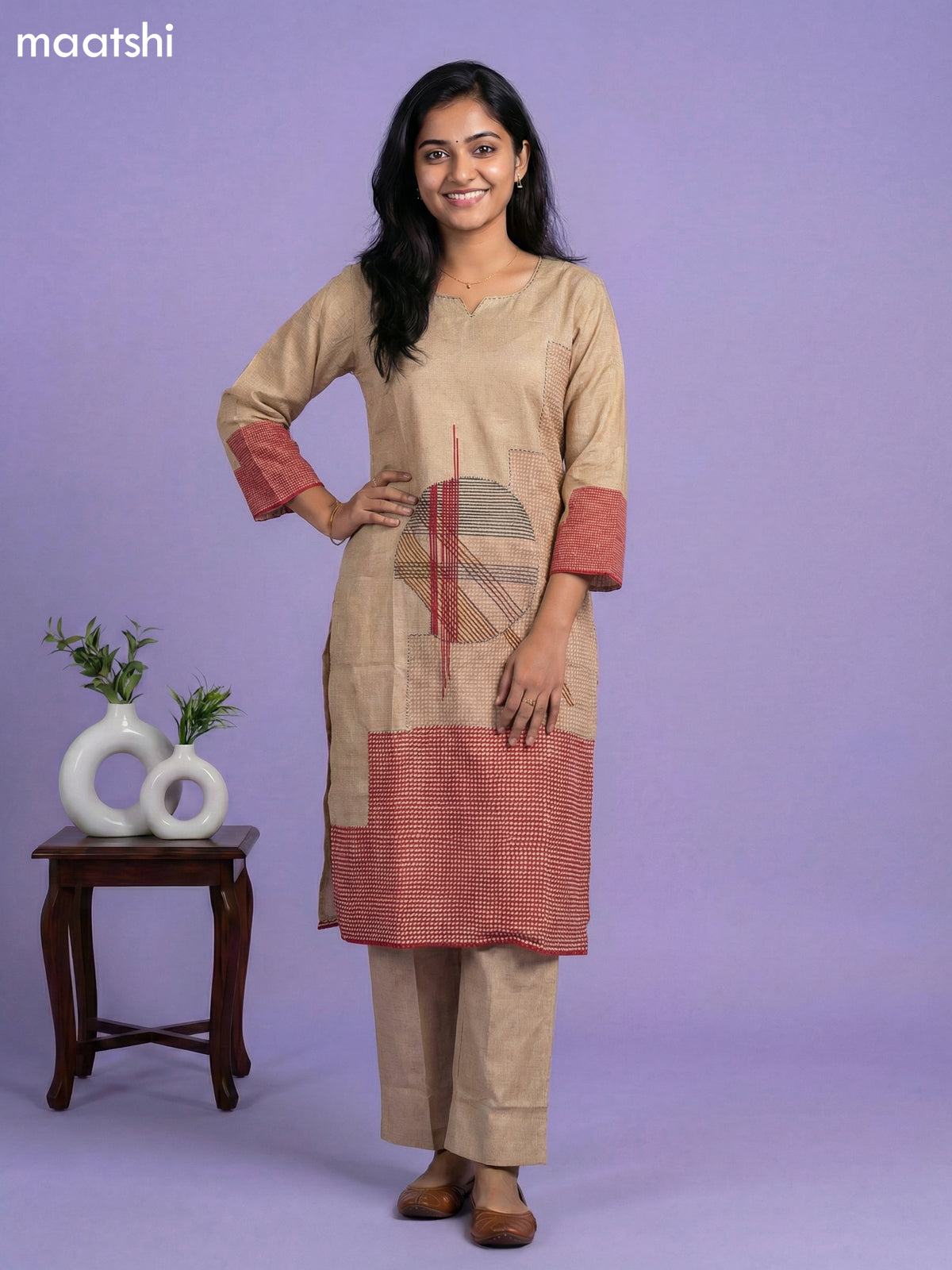 Beige Cotton Printed Embroidery Work Kurti Set