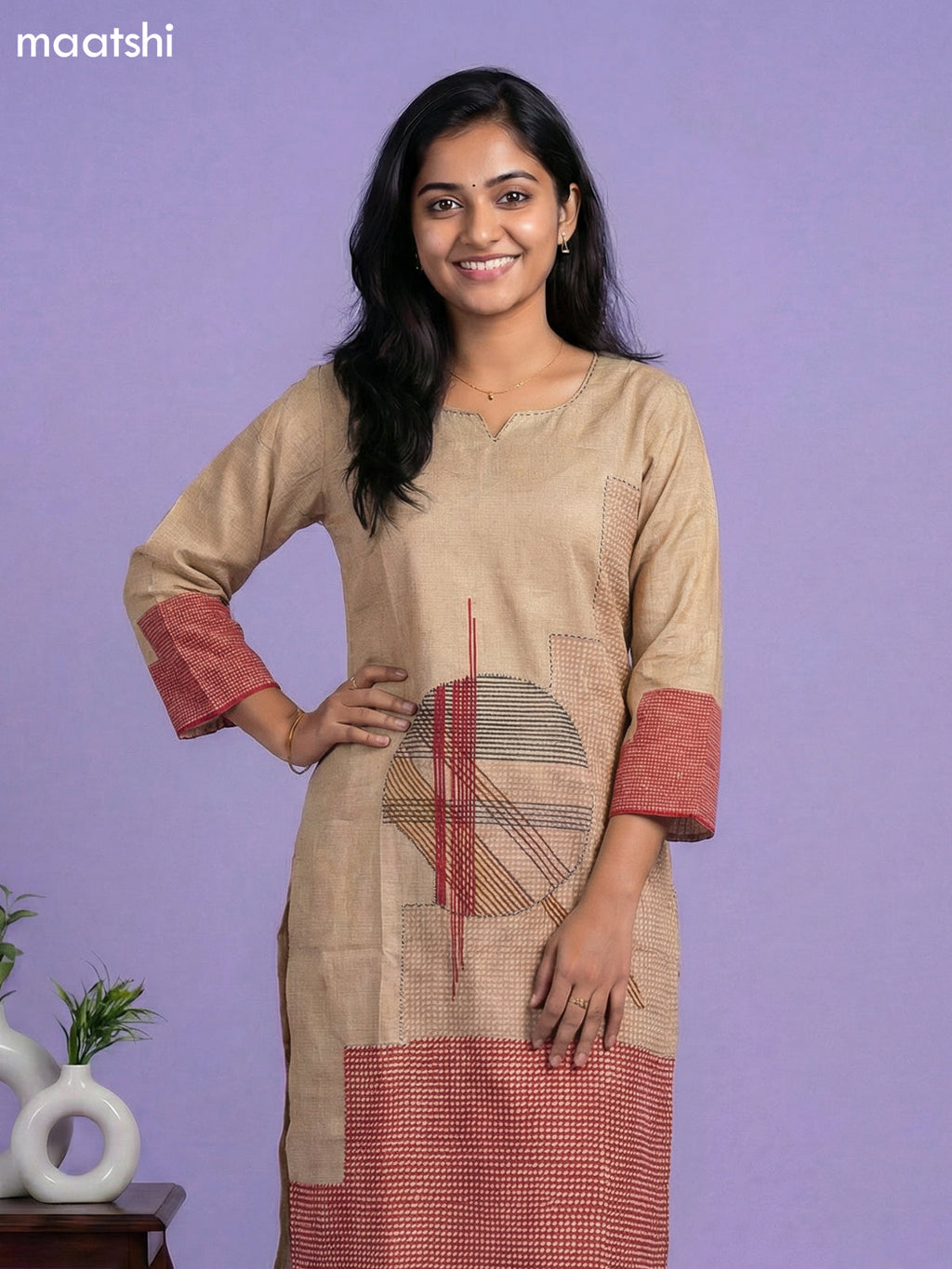 Beige Cotton Printed Embroidery Work Kurti Set