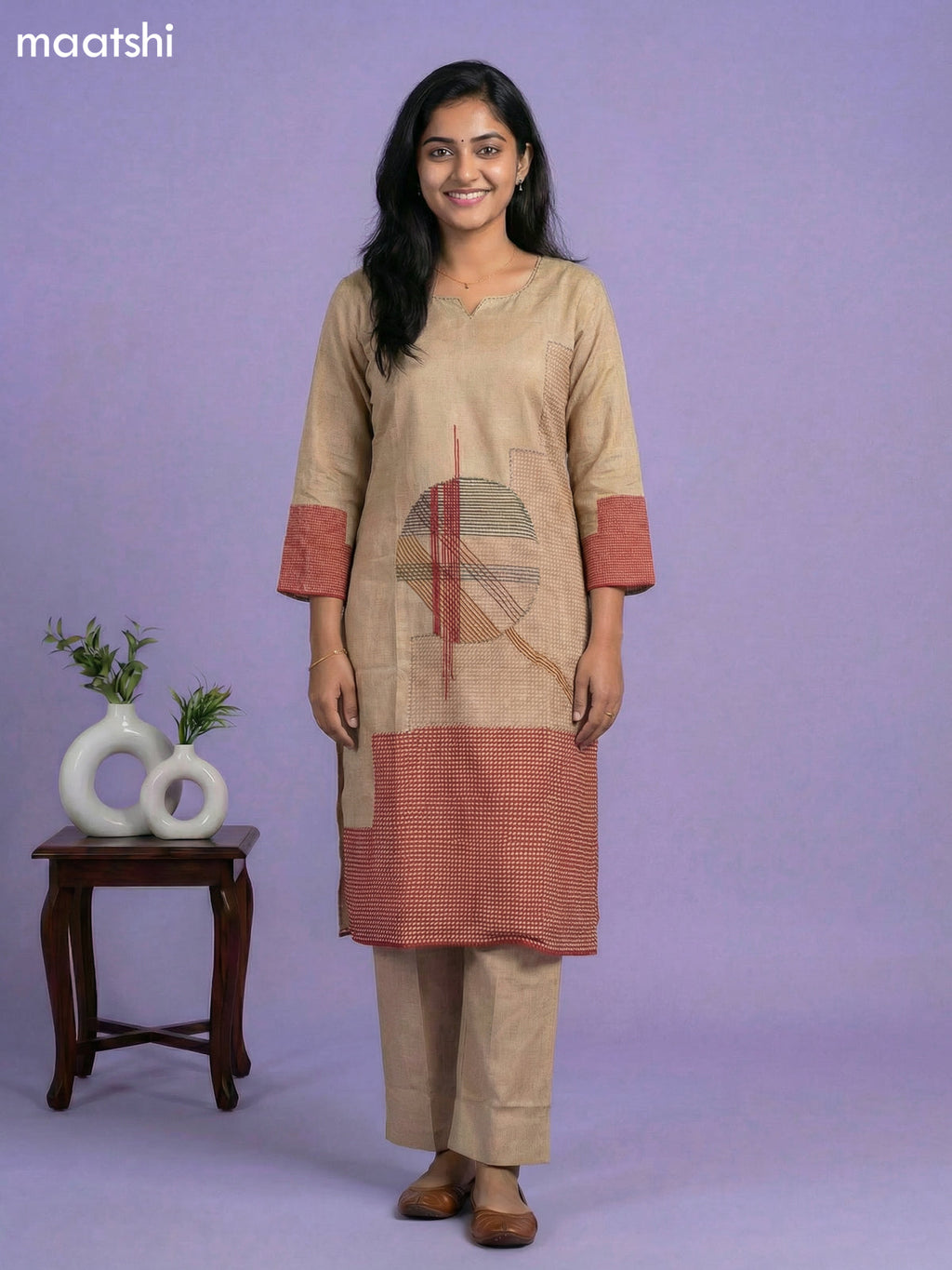 Beige Cotton Printed Embroidery Work Kurti Set