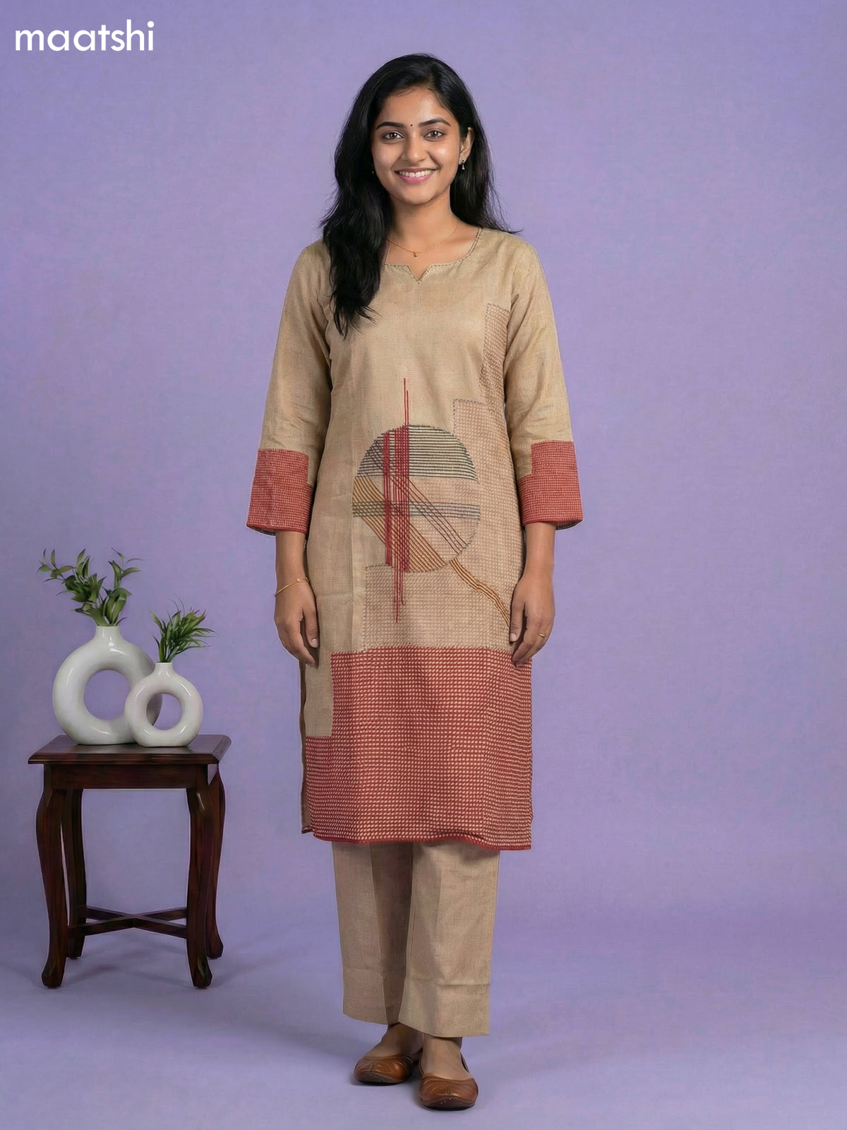 Beige Cotton Printed Embroidery Work Kurti Set