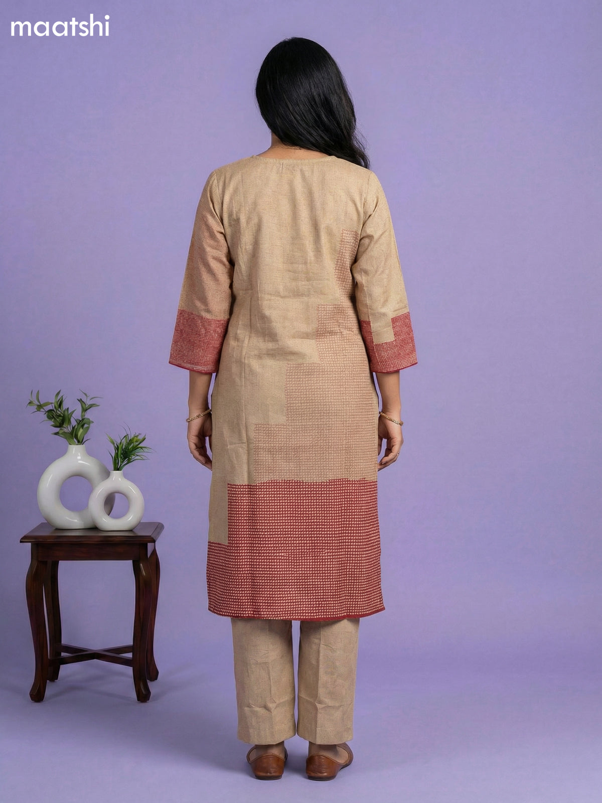 Beige Cotton Printed Embroidery Work Kurti Set