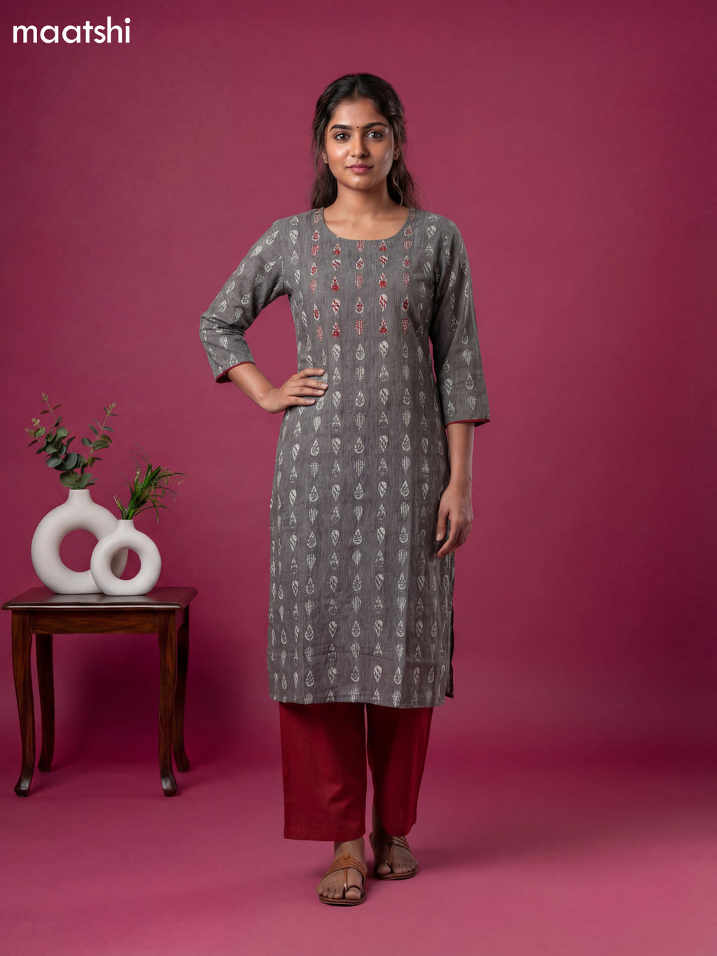 Grey and Red Cotton Embroidery Work Kurti Set