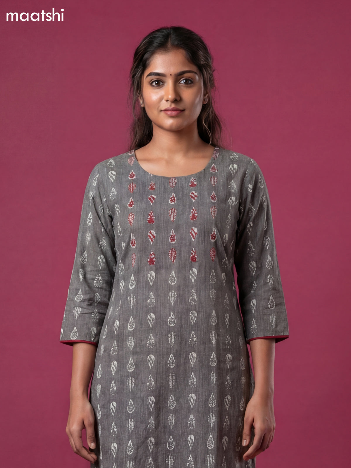 Grey and Red Cotton Embroidery Work Kurti Set