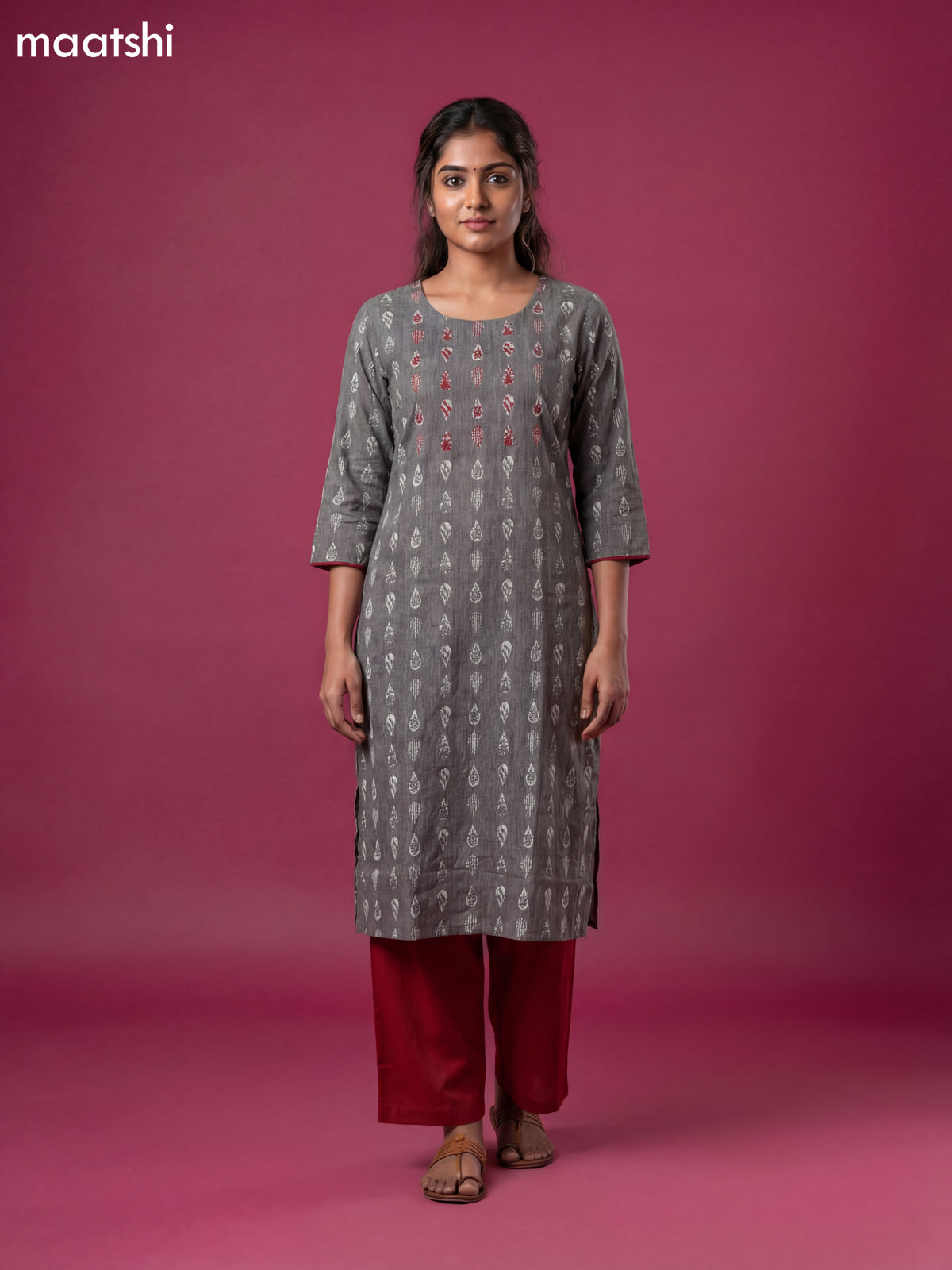 Grey and Red Cotton Embroidery Work Kurti Set