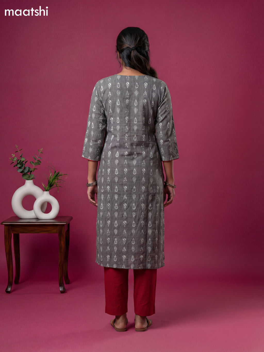 Grey and Red Cotton Embroidery Work Kurti Set