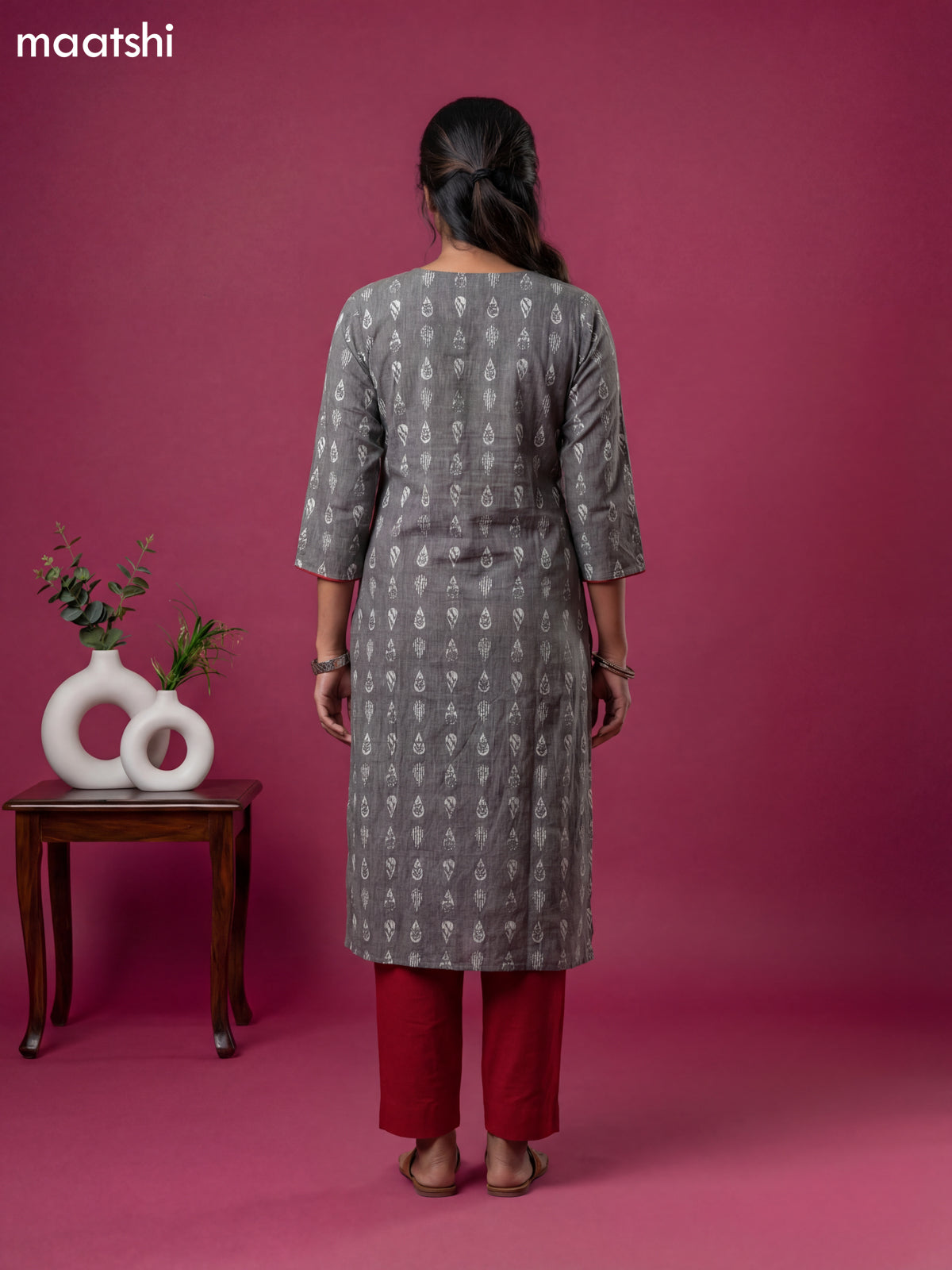 Grey and Red Cotton Embroidery Work Kurti Set