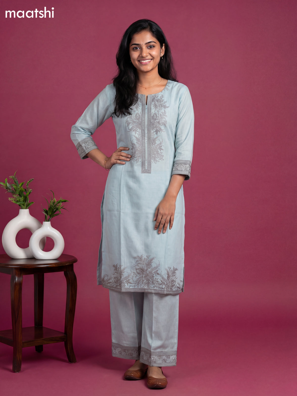 Pastel Blue Cotton Floral Printed Kurti Set