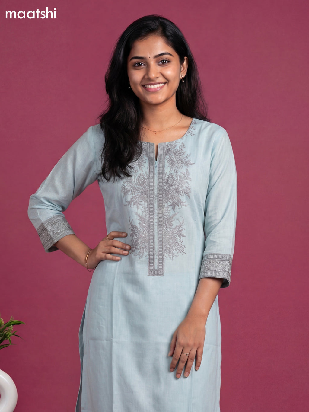 Pastel Blue Cotton Floral Printed Kurti Set