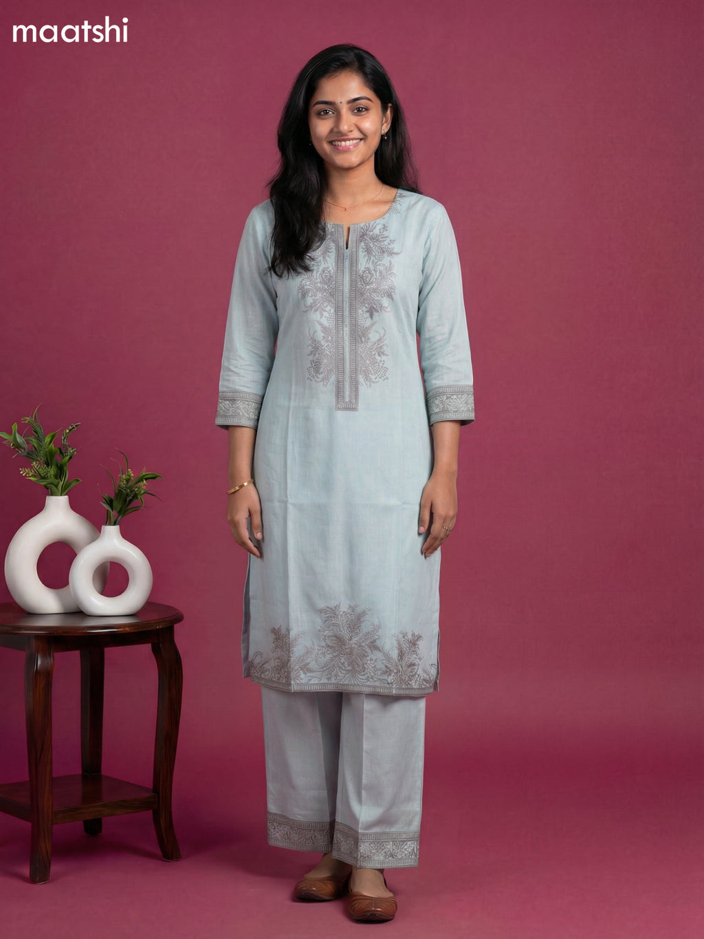 Pastel Blue Cotton Floral Printed Kurti Set