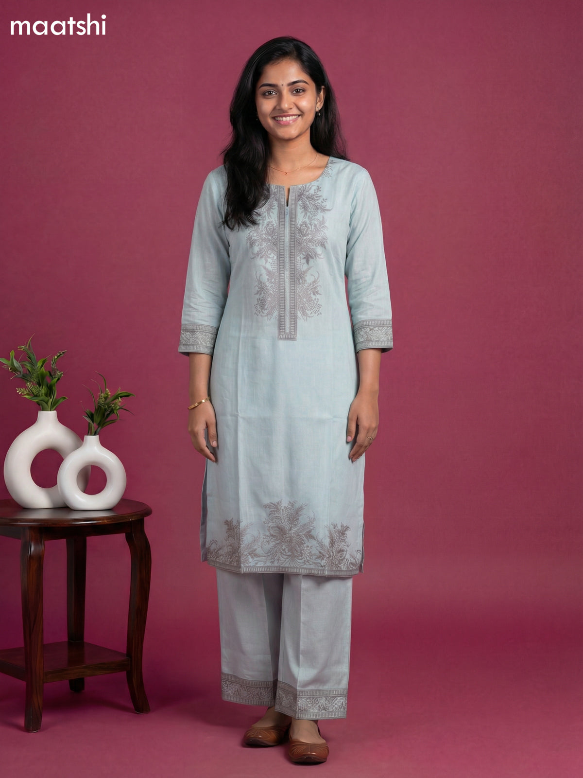 Pastel Blue Cotton Floral Printed Kurti Set