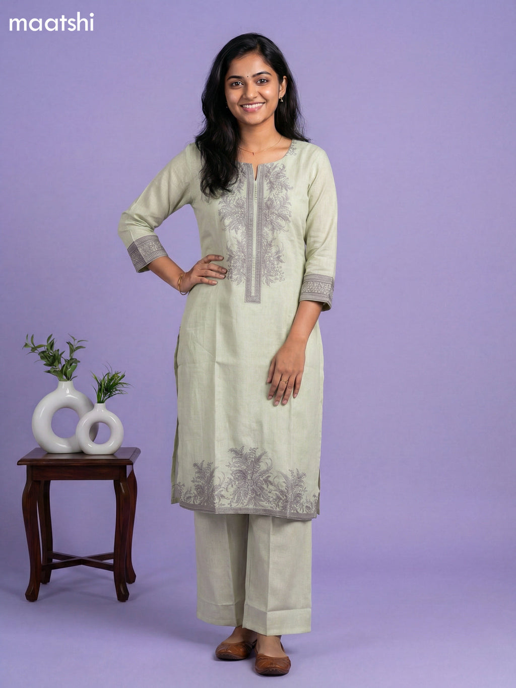 Pale Yellow Cotton Floral Printed Kurti Set