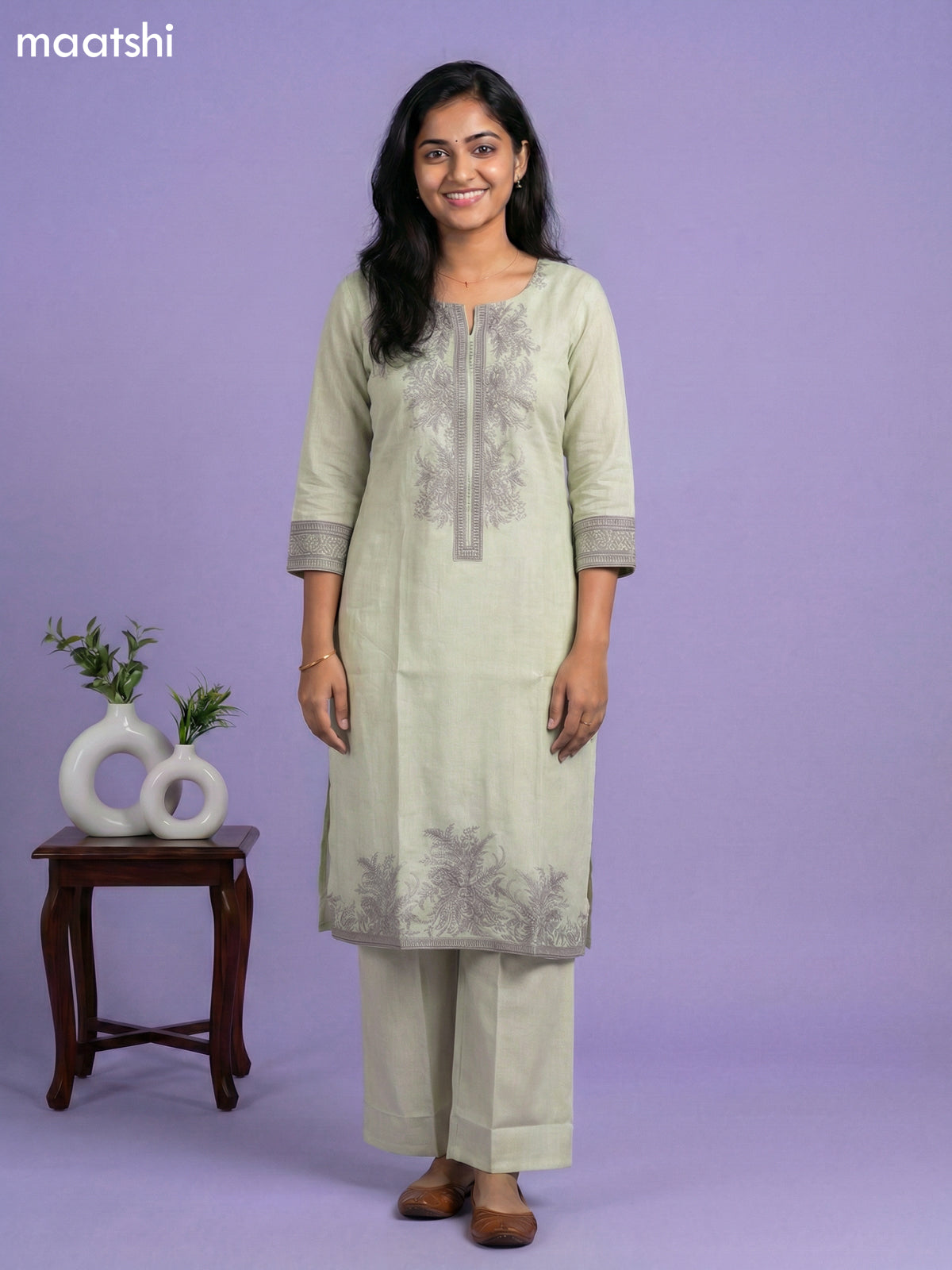 Pale Yellow Cotton Floral Printed Kurti Set