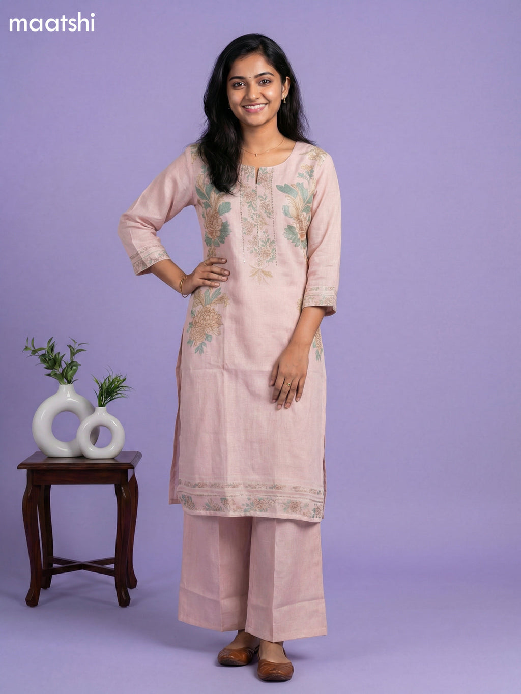 Mild Peach Cotton Floral Printed Kurti Set