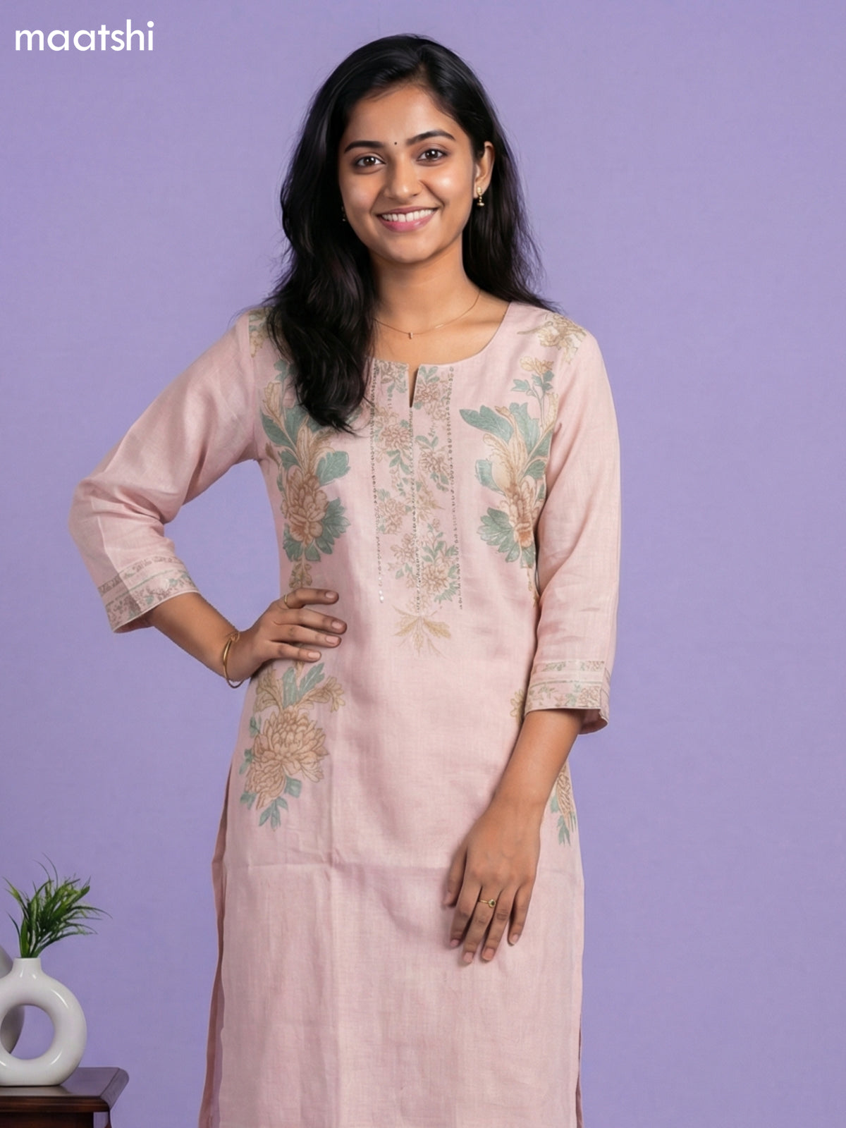 Mild Peach Cotton Floral Printed Kurti Set