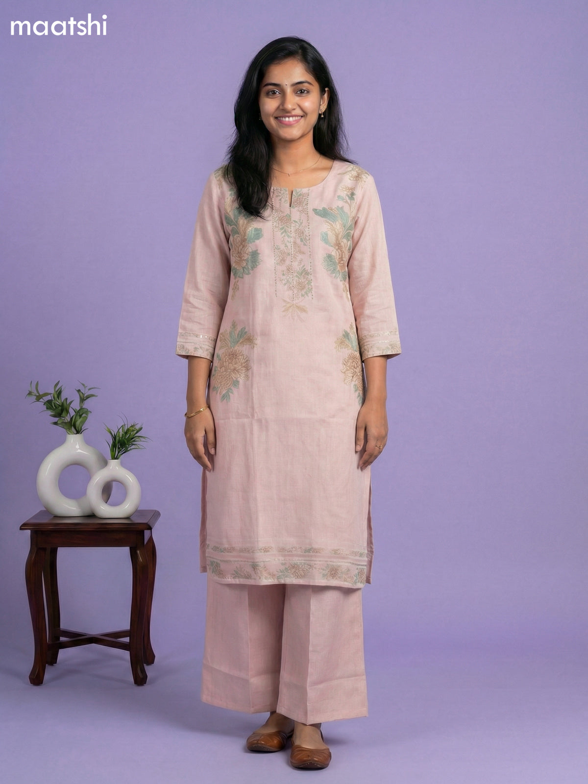 Mild Peach Cotton Floral Printed Kurti Set