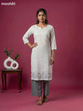 Off White and Grey Cotton Kantha Stitch Work Kurti Set
