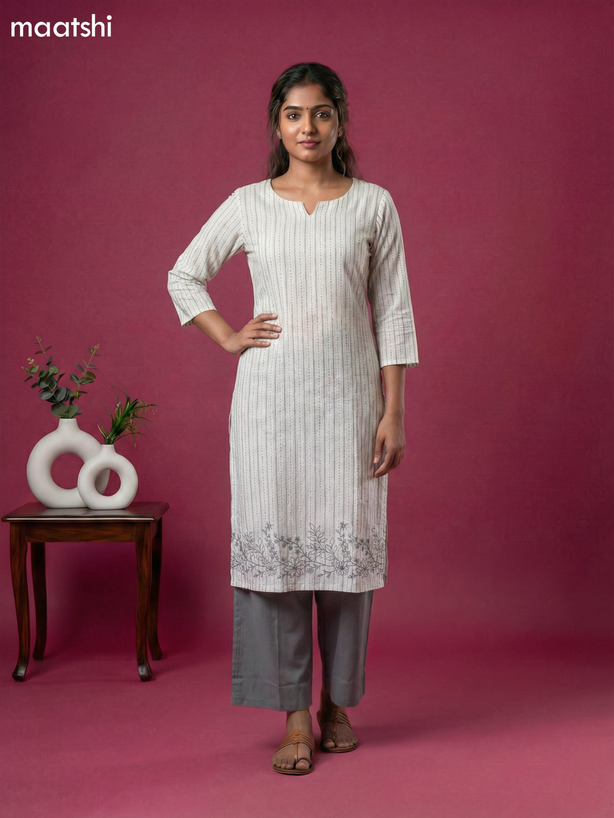 Off White and Grey Cotton Kantha Stitch Work Kurti Set