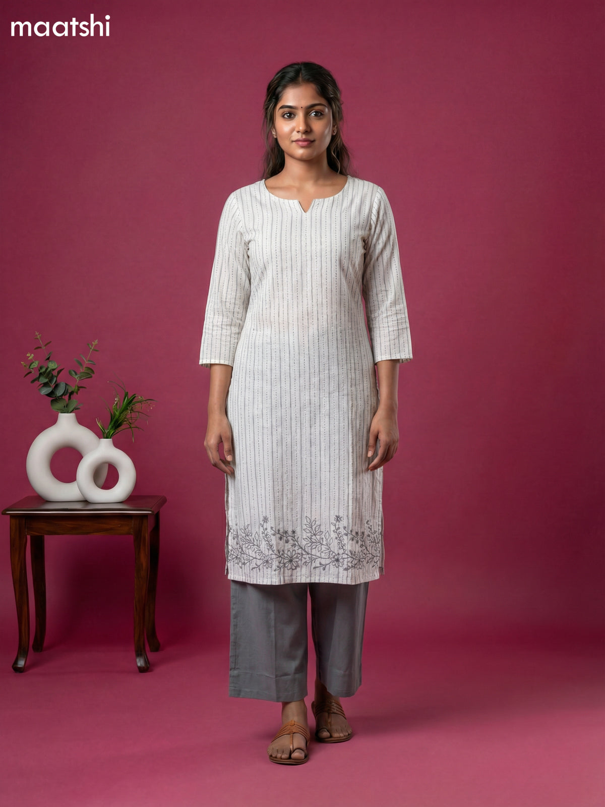 Off White and Grey Cotton Kantha Stitch Work Kurti Set