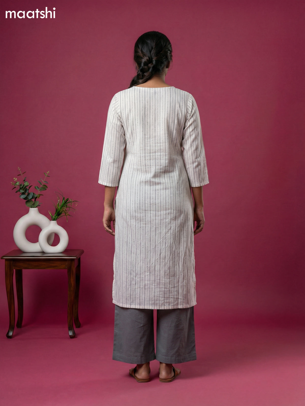 Off White and Grey Cotton Kantha Stitch Work Kurti Set