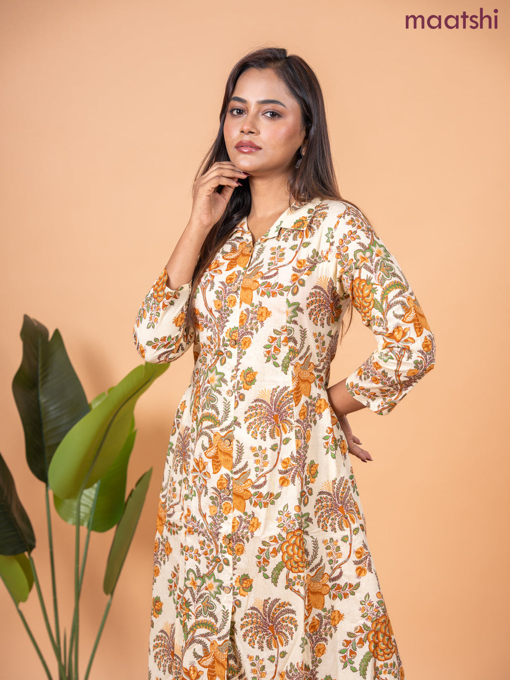 Cotton co-ord set sandal and green with allover kalamkari prints & collar neck pattern and straight cut pant