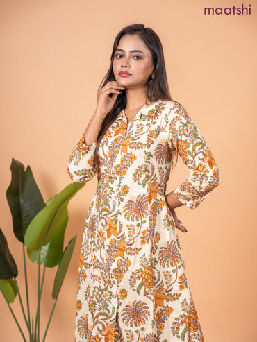 Cotton co-ord set sandal and green with allover kalamkari prints & collar neck pattern and straight cut pant