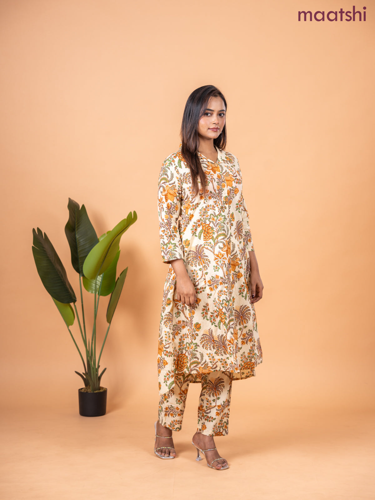 Cotton co-ord set sandal and green with allover kalamkari prints & collar neck pattern and straight cut pant