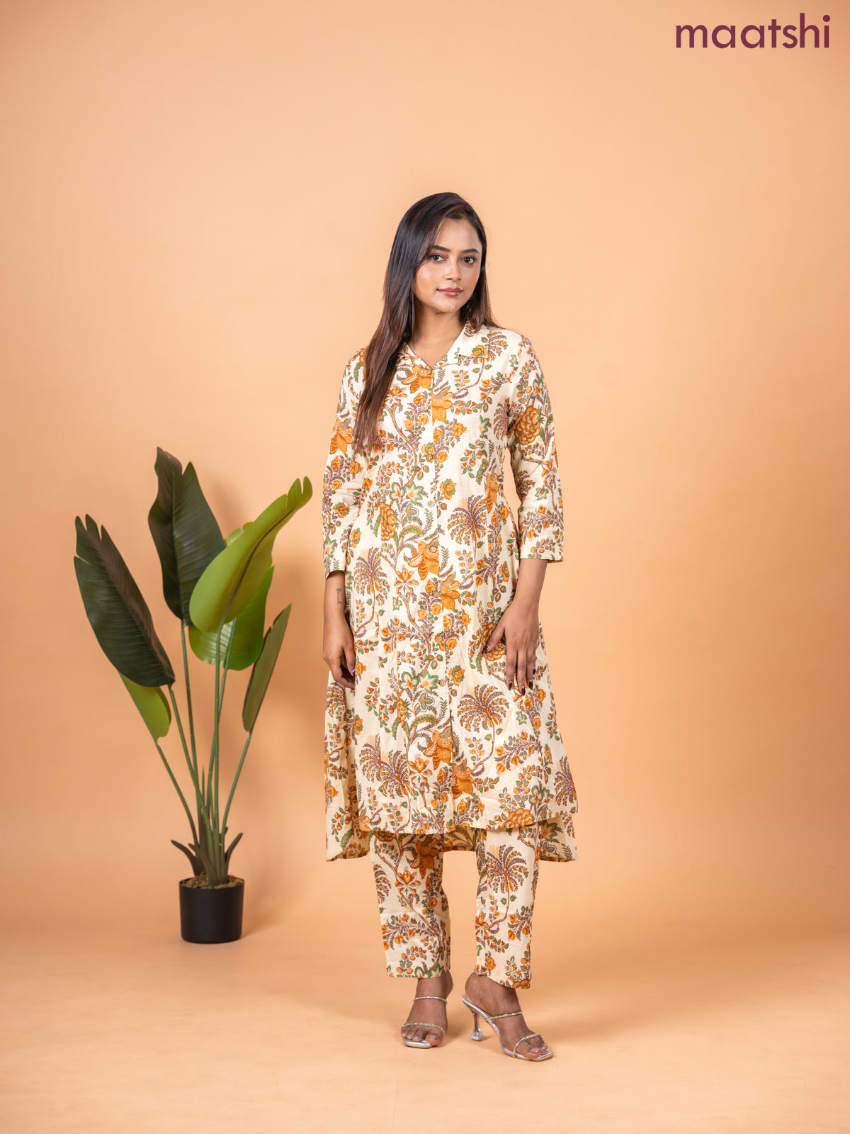 Cotton co-ord set sandal and green with allover kalamkari prints & collar neck pattern and straight cut pant