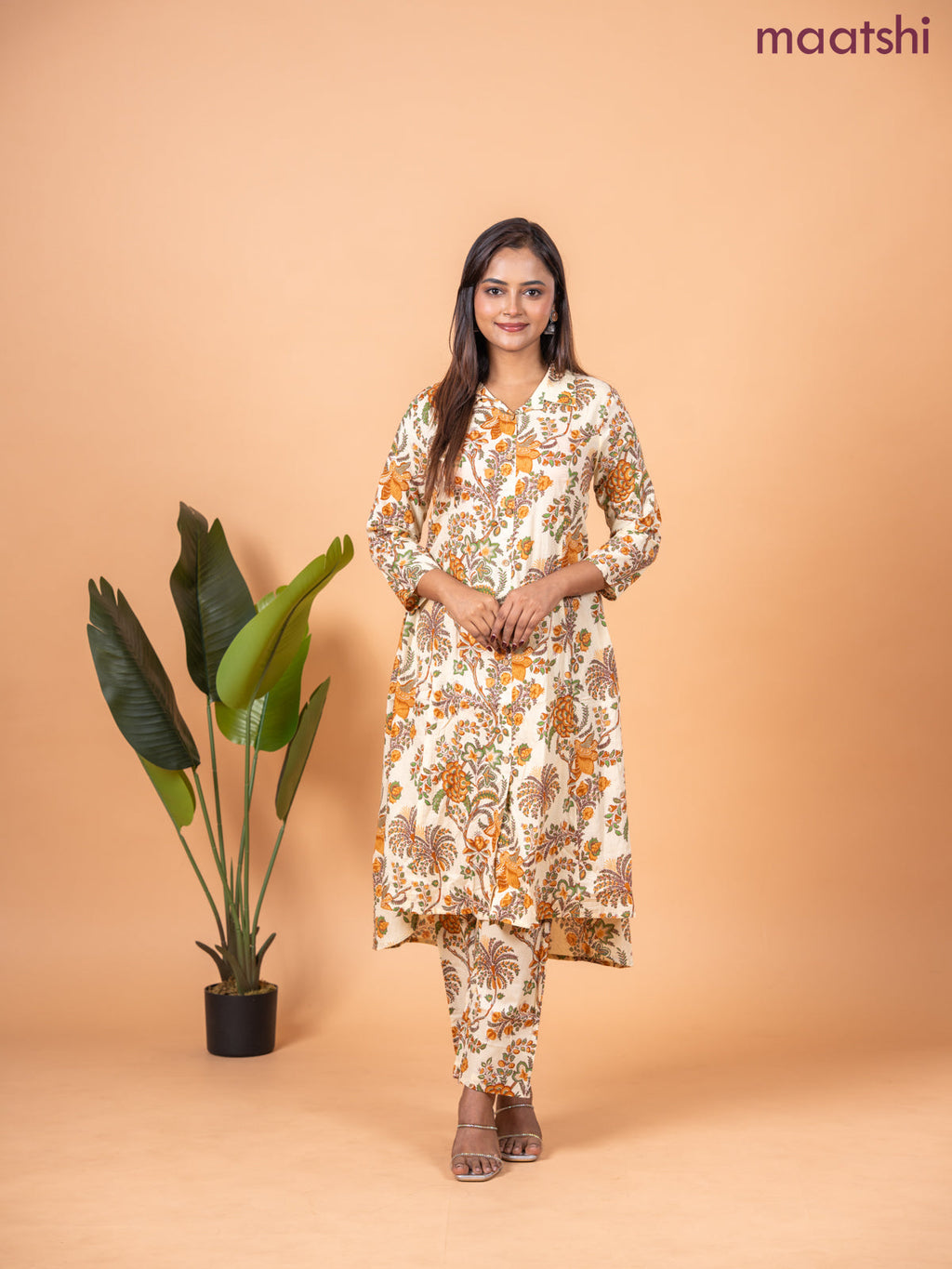 Cotton co-ord set sandal and green with allover kalamkari prints & collar neck pattern and straight cut pant