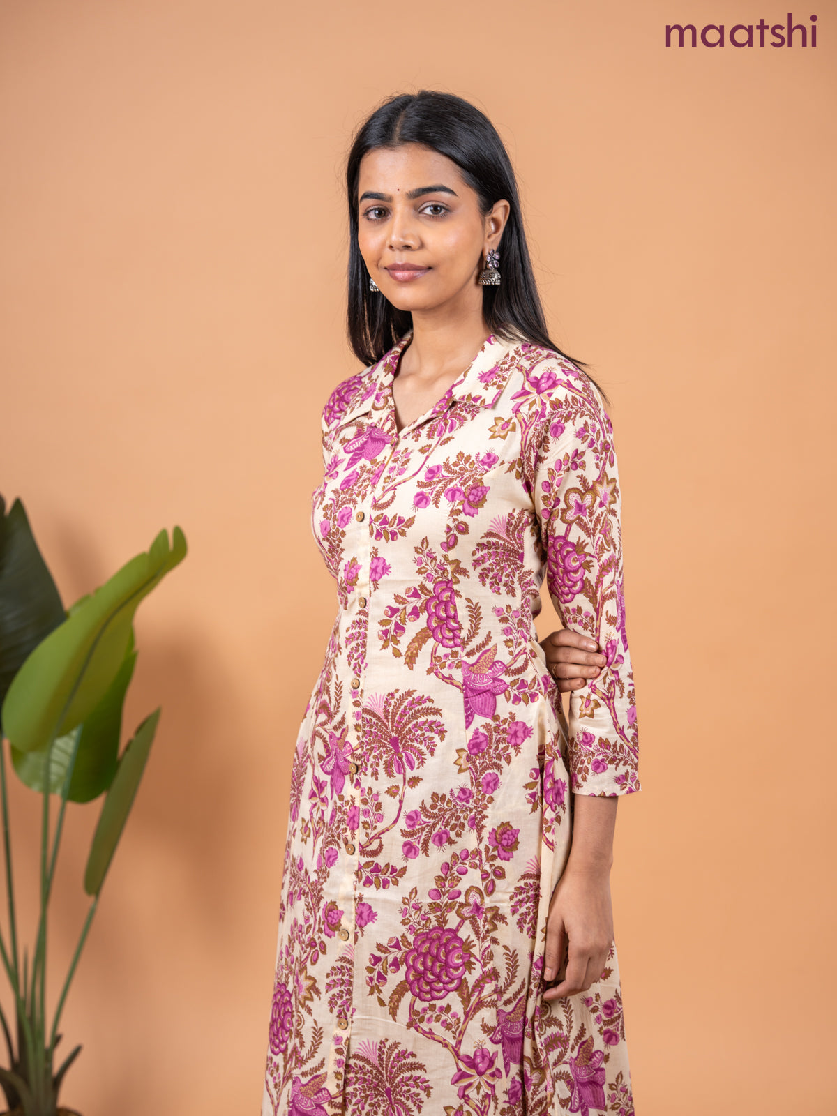 Cotton co-ord set sandal and pink with allover kalamkari prints & collar neck pattern and straight cut pant