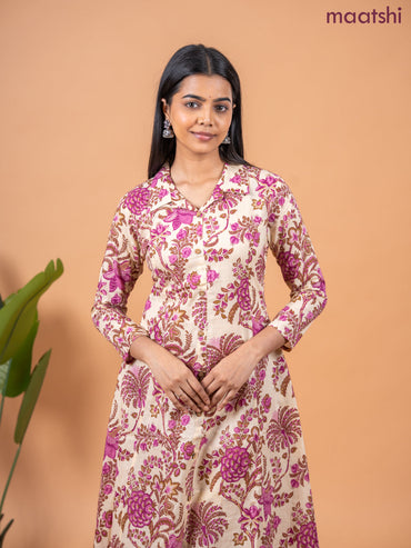 Cotton co-ord set sandal and pink with allover kalamkari prints & collar neck pattern and straight cut pant