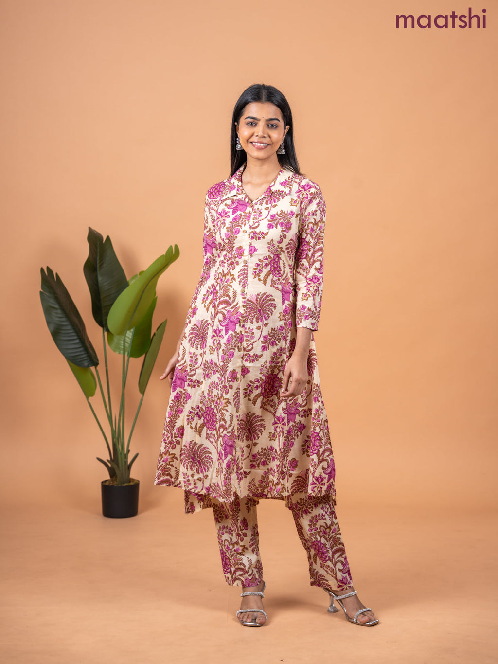 Cotton co-ord set sandal and pink with allover kalamkari prints & collar neck pattern and straight cut pant