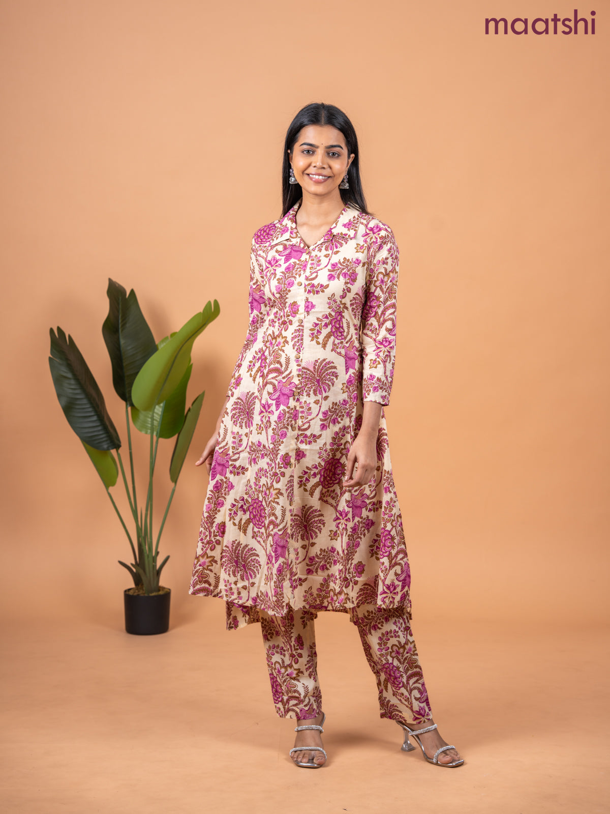 Cotton co-ord set sandal and pink with allover kalamkari prints & collar neck pattern and straight cut pant