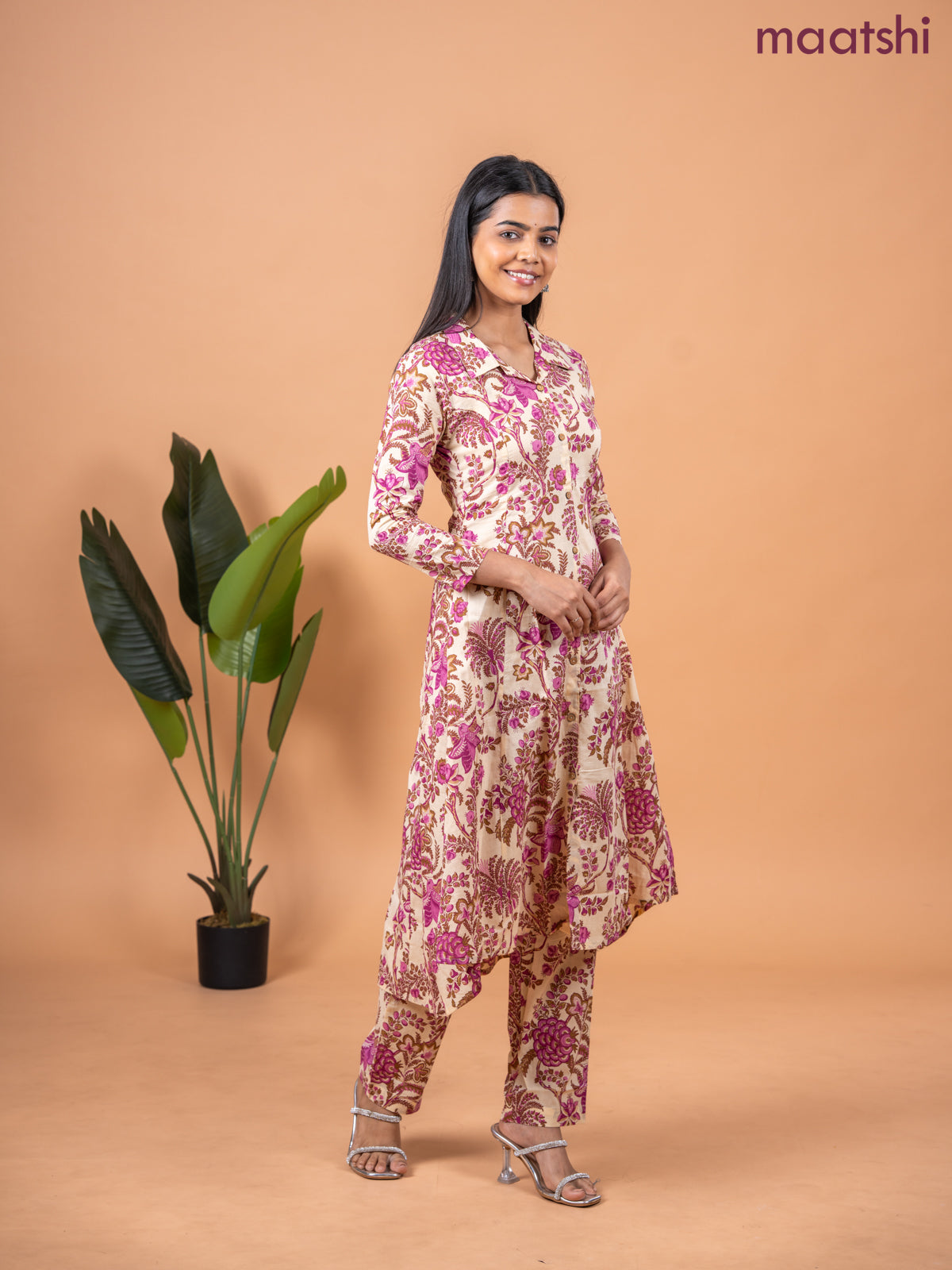 Cotton co-ord set sandal and pink with allover kalamkari prints & collar neck pattern and straight cut pant
