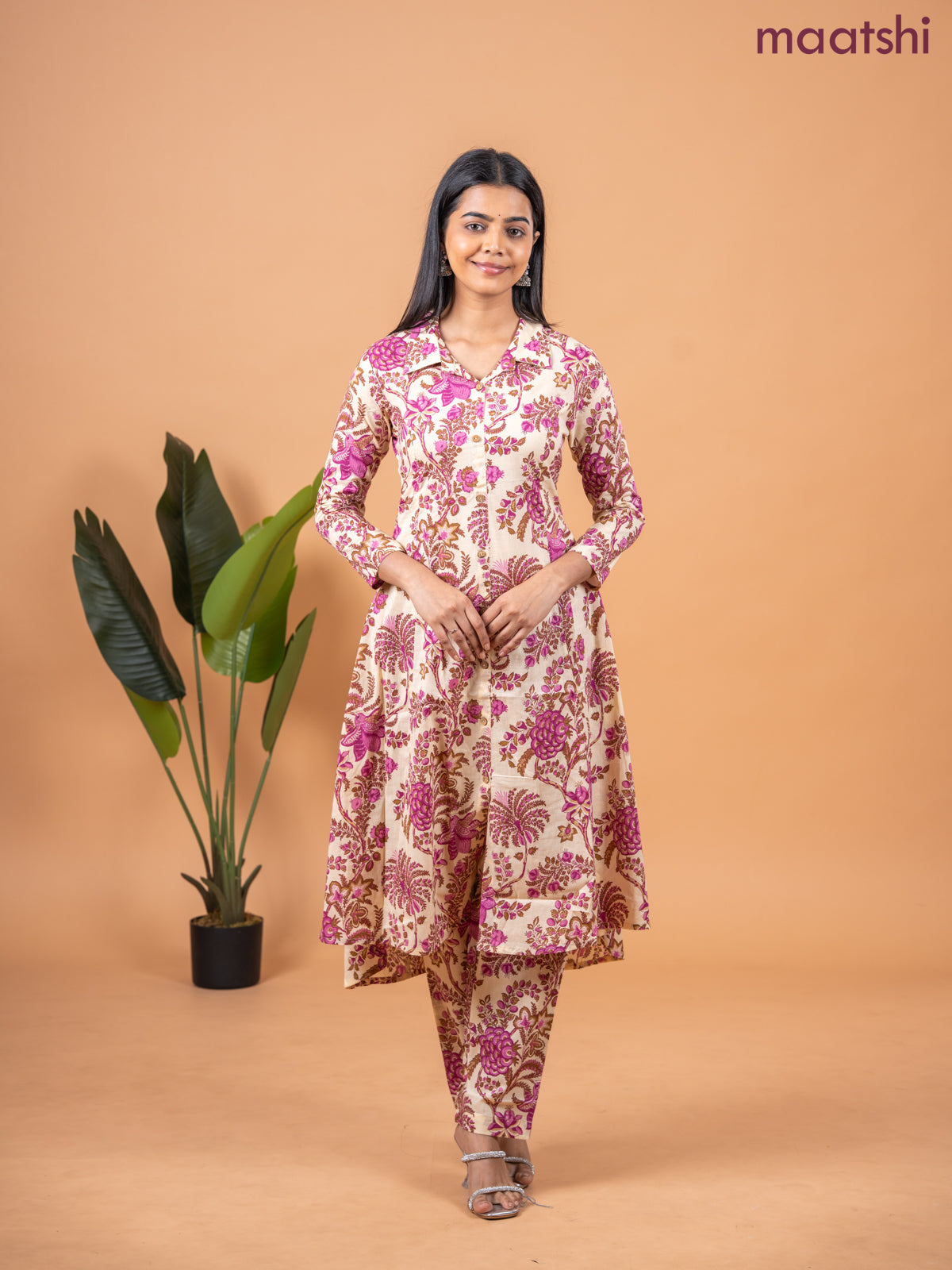 Cotton co-ord set sandal and pink with allover kalamkari prints & collar neck pattern and straight cut pant