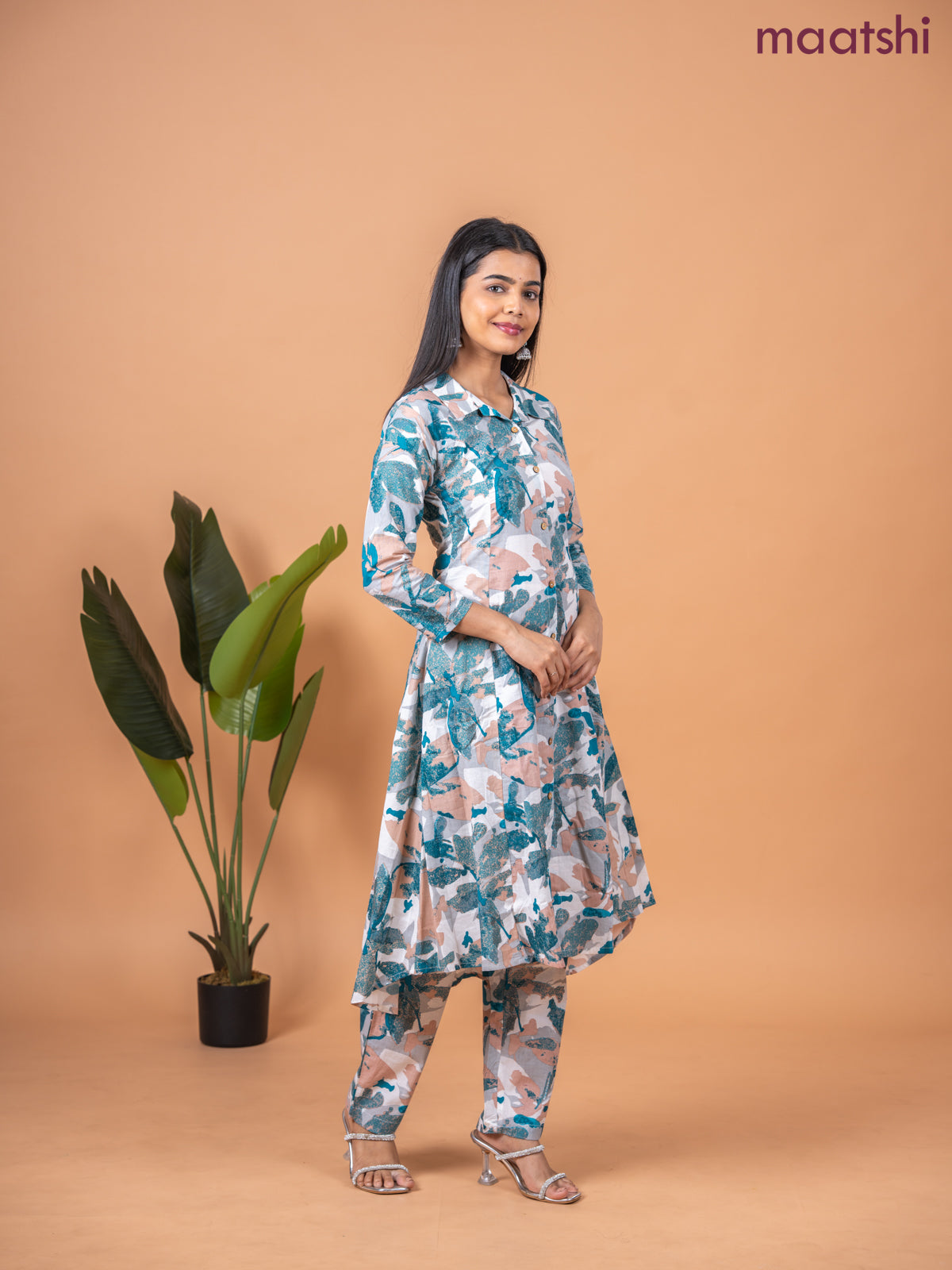 Cotton co-ord set multi colour and off white with allover prints & collar neck pattern and straight cut pant
