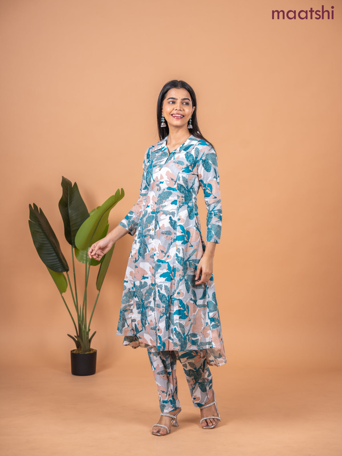 Cotton co-ord set multi colour and off white with allover prints & collar neck pattern and straight cut pant