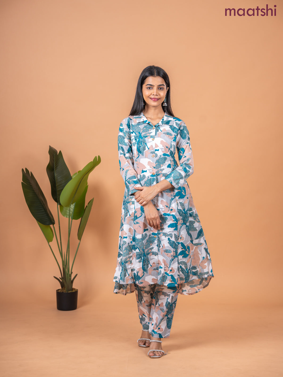 Cotton co-ord set multi colour and off white with allover prints & collar neck pattern and straight cut pant