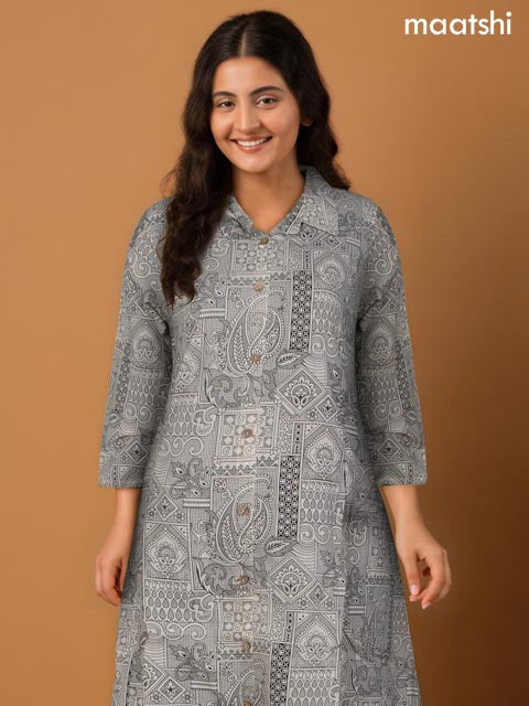 Cotton co-ord set cream and black with allover kalamkari prints & collar neck pattern and straight cut pant