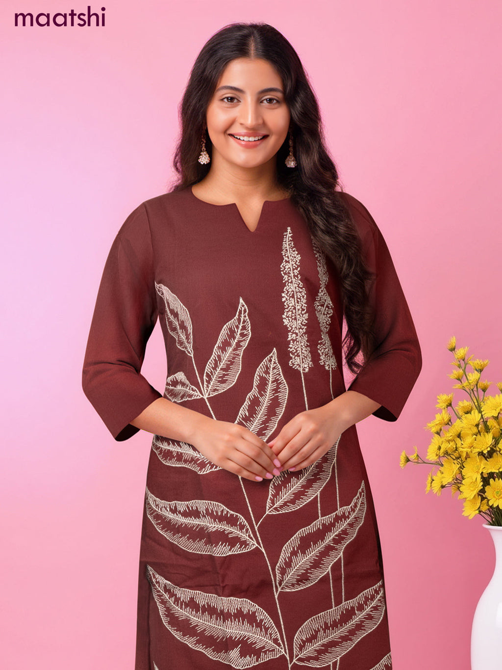 Cotton kurti set maroon with floral embroidery work & simple neck pattern and straight cut pant
