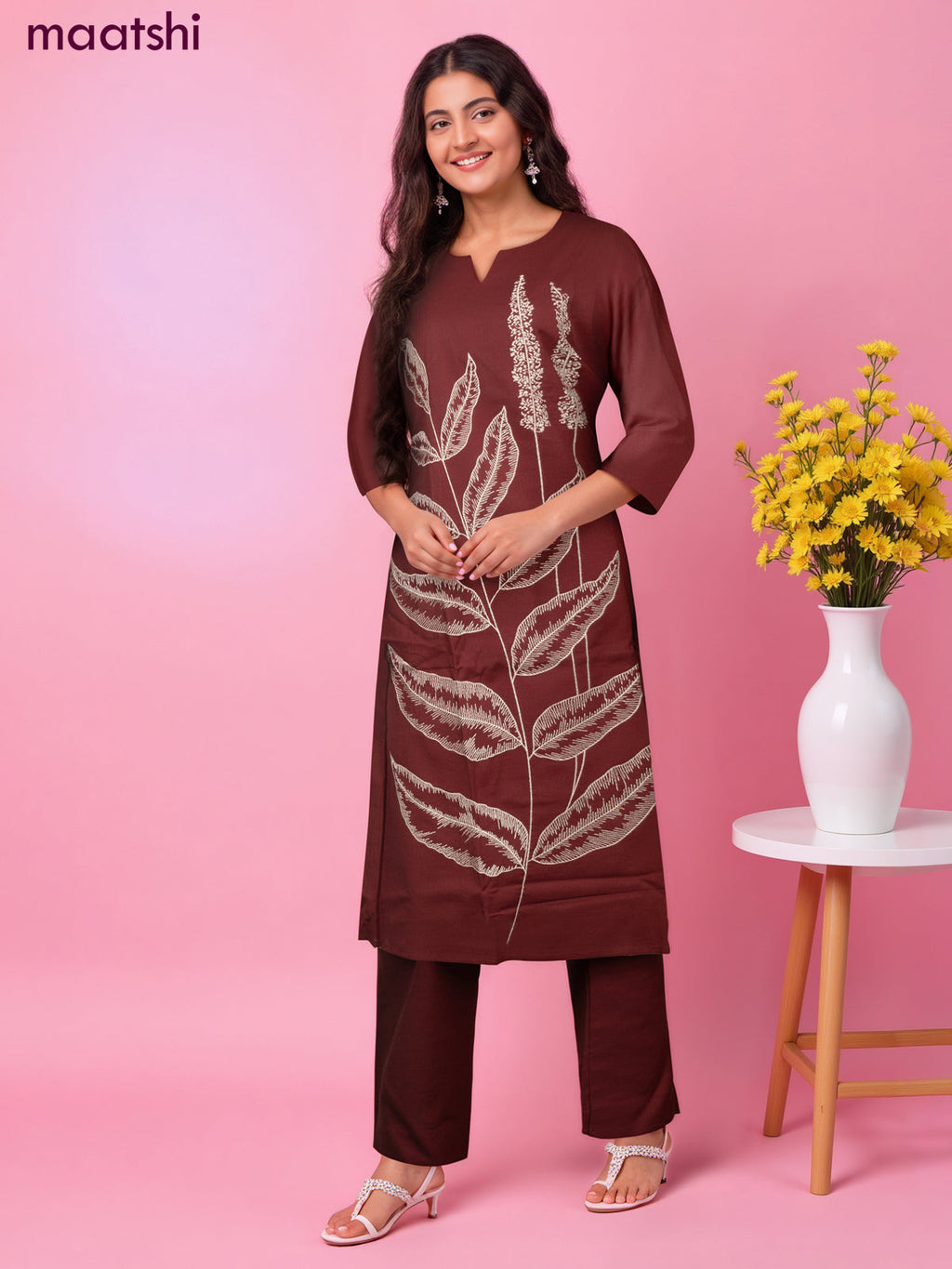 Cotton kurti set maroon with floral embroidery work & simple neck pattern and straight cut pant