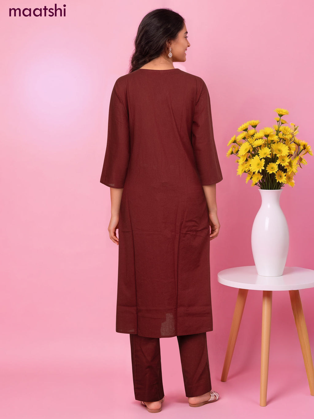 Cotton kurti set maroon with floral embroidery work & simple neck pattern and straight cut pant