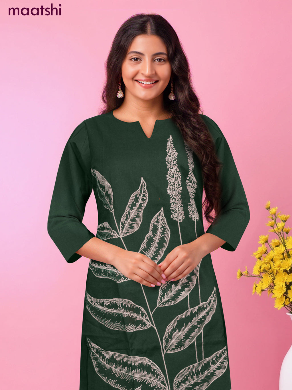 Cotton kurti set green with floral embroidery work & simple neck pattern and straight cut pant