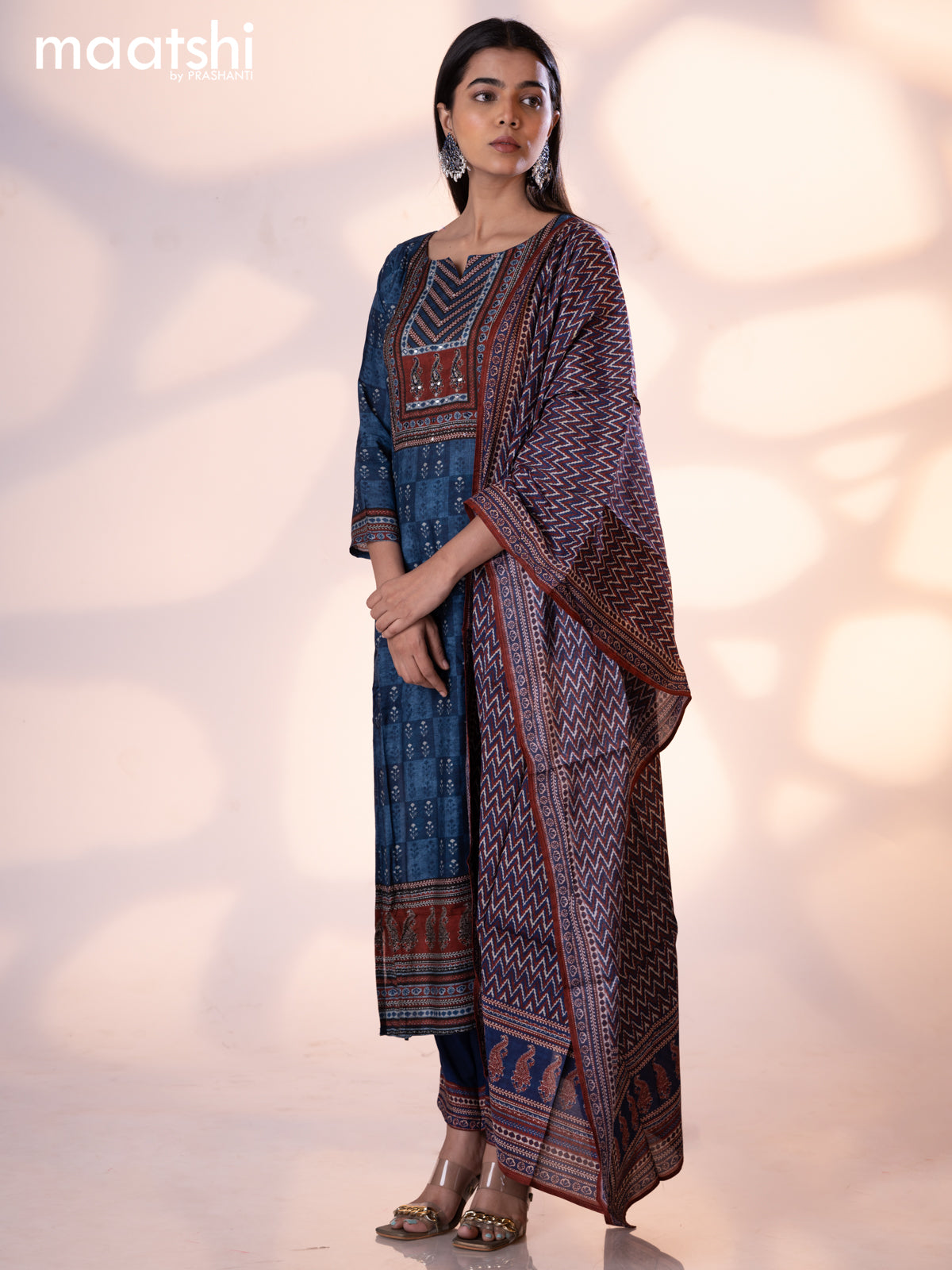 Muslin readymade salwar suit indigo blue and maroon with allover butta prints & sequin beaded work neck pattern and straight cut pant & dupatta