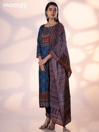 Muslin readymade salwar suit indigo blue and maroon with allover butta prints & sequin beaded work neck pattern and straight cut pant & dupatta