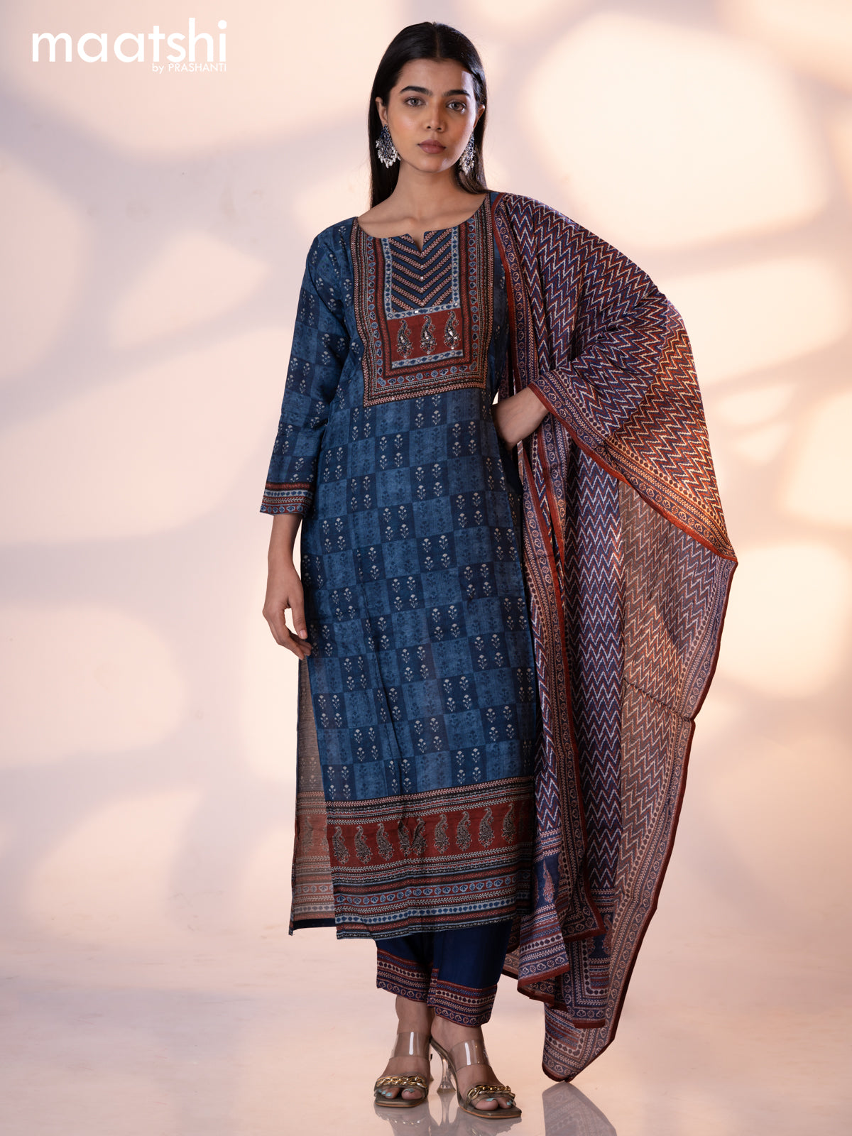 Muslin readymade salwar suit indigo blue and maroon with allover butta prints & sequin beaded work neck pattern and straight cut pant & dupatta