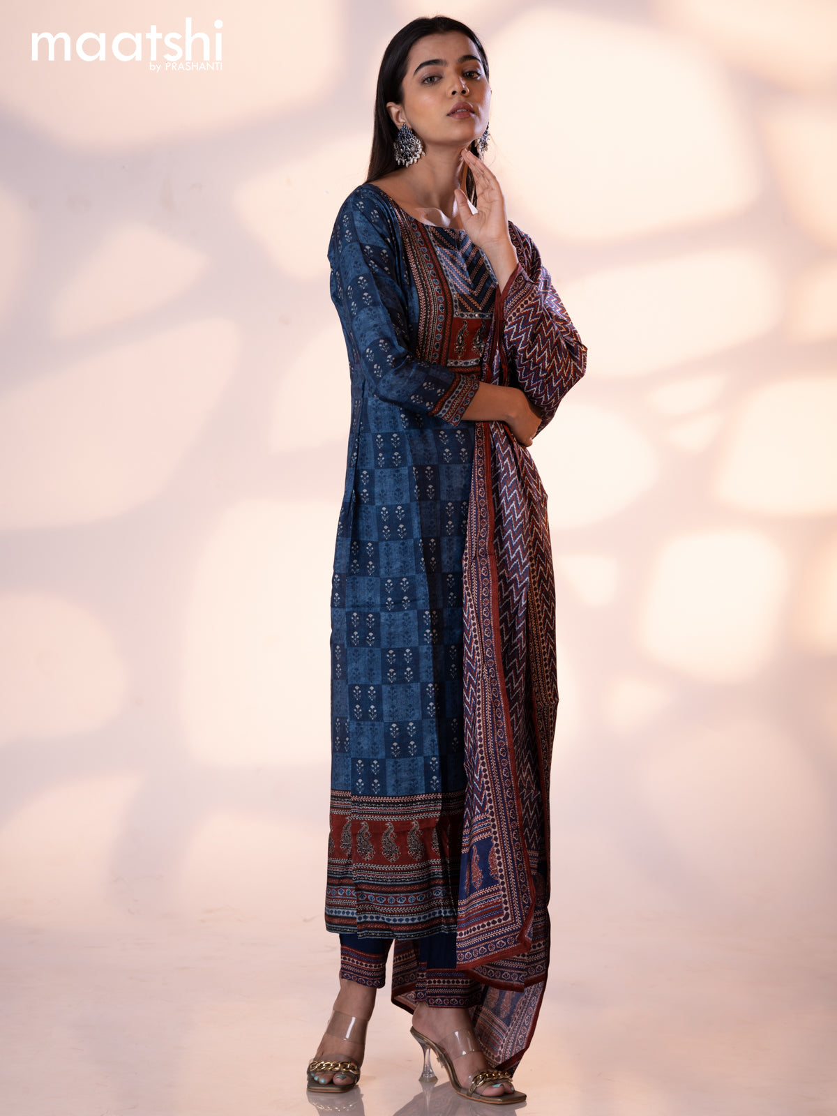 Muslin readymade salwar suit indigo blue and maroon with allover butta prints & sequin beaded work neck pattern and straight cut pant & dupatta