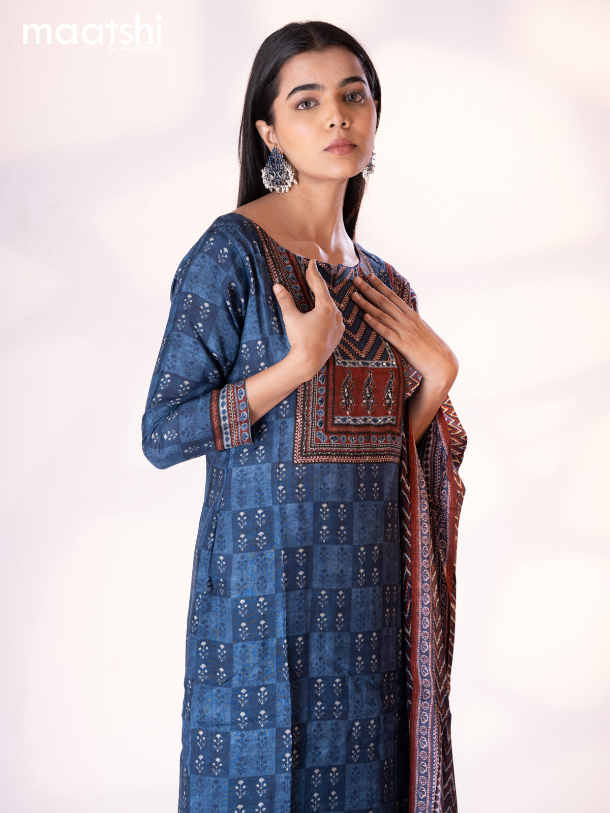 Muslin readymade salwar suit indigo blue and maroon with allover butta prints & sequin beaded work neck pattern and straight cut pant & dupatta