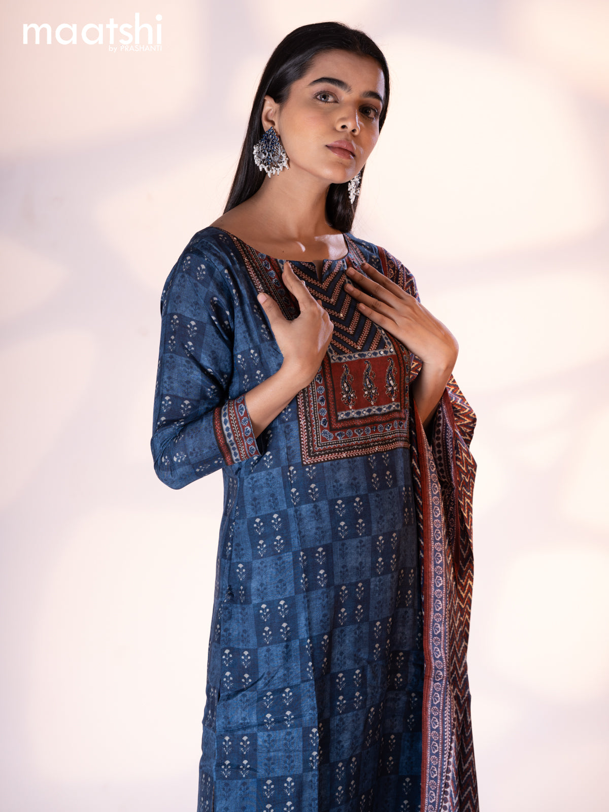 Muslin readymade salwar suit indigo blue and maroon with allover butta prints & sequin beaded work neck pattern and straight cut pant & dupatta